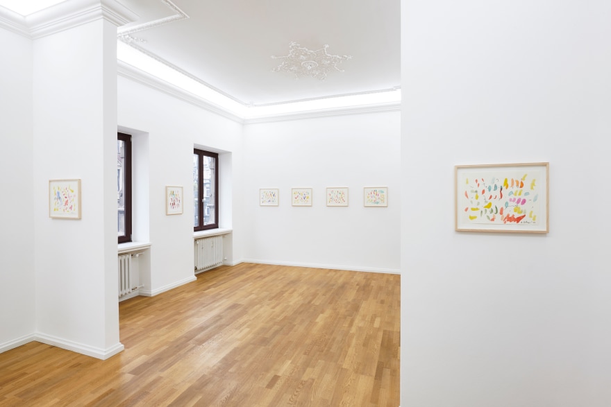 Installation View of 7 Multicolored Untitled Drawings from Butzer's Salon Nino Mier Exhibition (2018) and the Chandelier