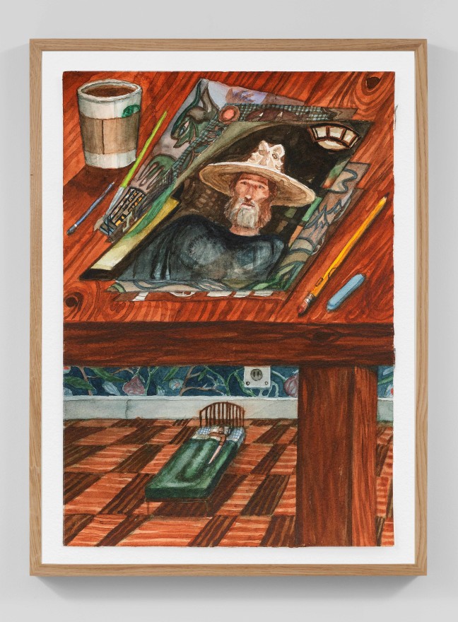 Charlie Roberts, Brad Hat, 2024, Watercolor on paper, 12 3/4 x 9 1/2 in, 32.3 x 24 cm (framed) (CRO24.015)