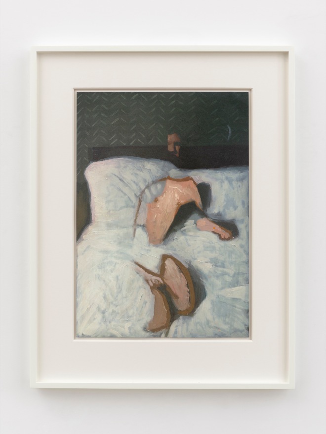 Jonathan Wateridge Figure on Bed, 2025 Oil on paper 27 1/4 x 21 x 1 5/8 in (framed) 69.1 x 53.2 x 4 cm (framed) (JWA25.035)