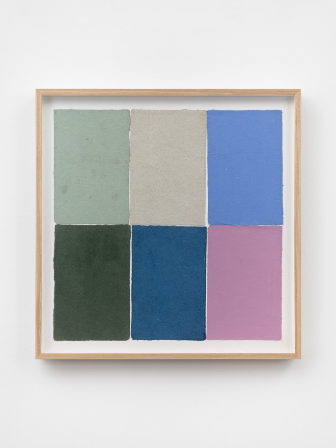 Ethan Cook, Two blues, two greens, gray and fuchsia, 2020. Handmade pigmented paper 19 3/4 x 19 1/2 in, 50.2 x 49.5 cm (ECO20.049)