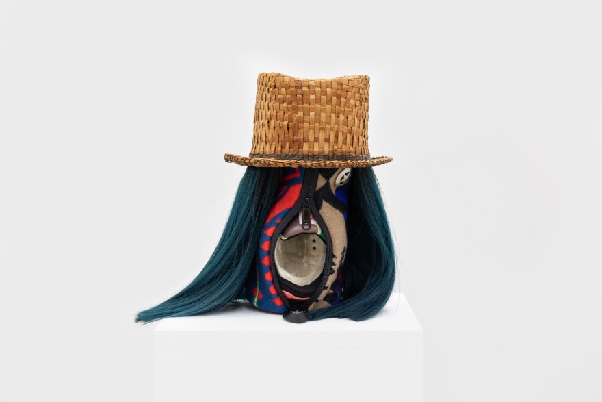 Natalie Ball Purse First , 2019 Cedar top hat, Pendleton wool purse, Nike Air Max shoe, abalone shell, wig, metal. 14 x 9 in 35.6 x 22.9 cm (NBA19.002)