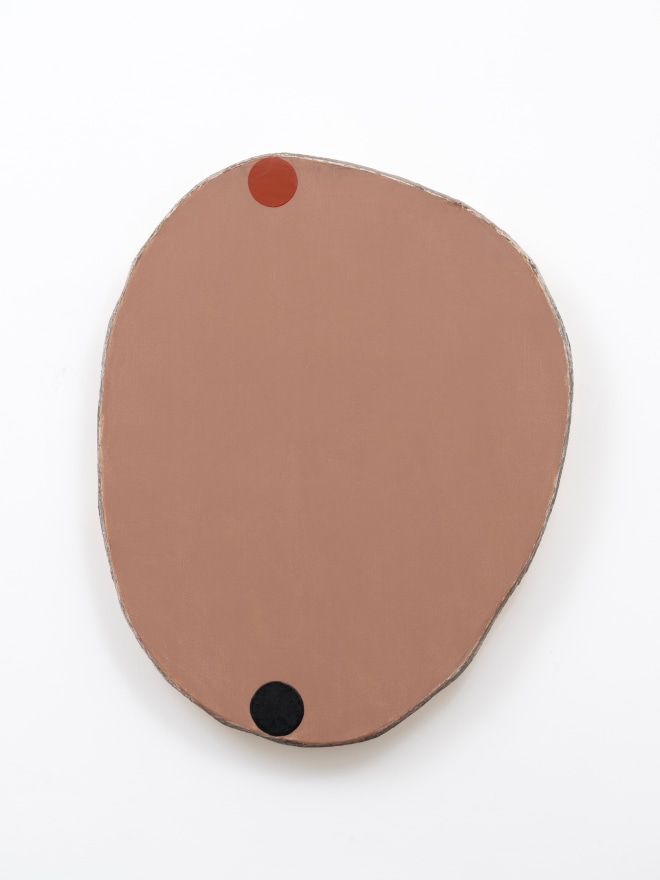 Otis Jones Odd Shape With Black and Red Oxide Circles, 2024 Acrylic on canvas on wood 60 x 50 x 5 in 152.4 x 127 x 12.7 cm (OJO24.005)