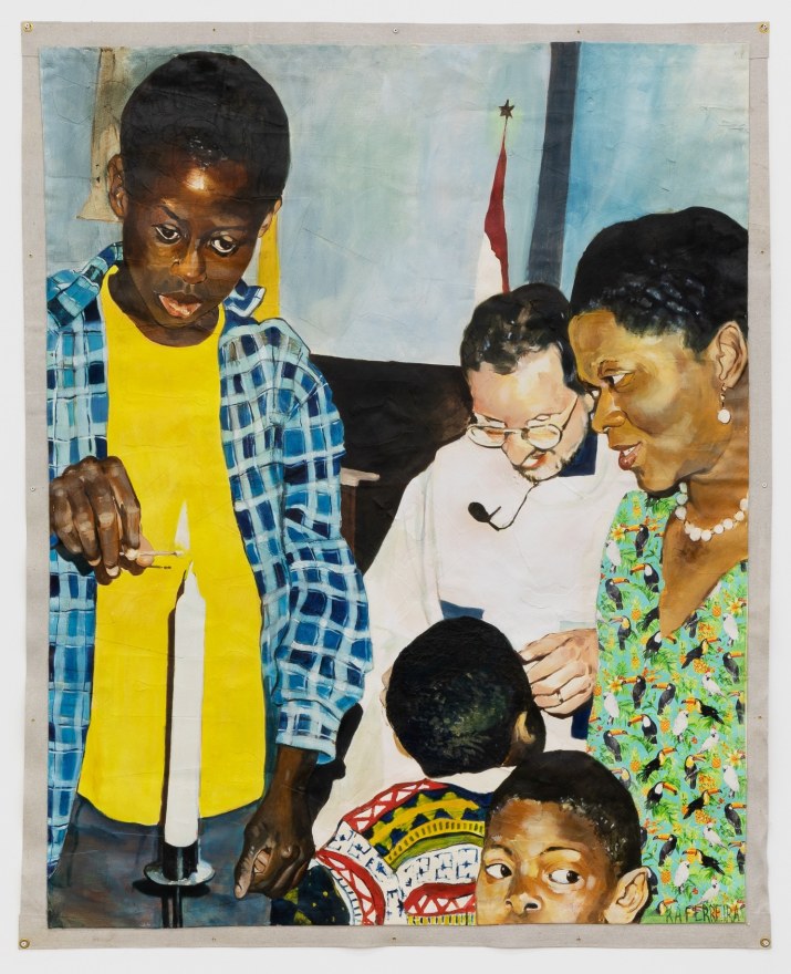 Kareem-Anthony Ferreira, Anson's blessing at Saint Joes, 2020. Oil, mixed media, canvas, 72 x 58 1/4 in, 182.9 x 148 cm (KFE20.005)