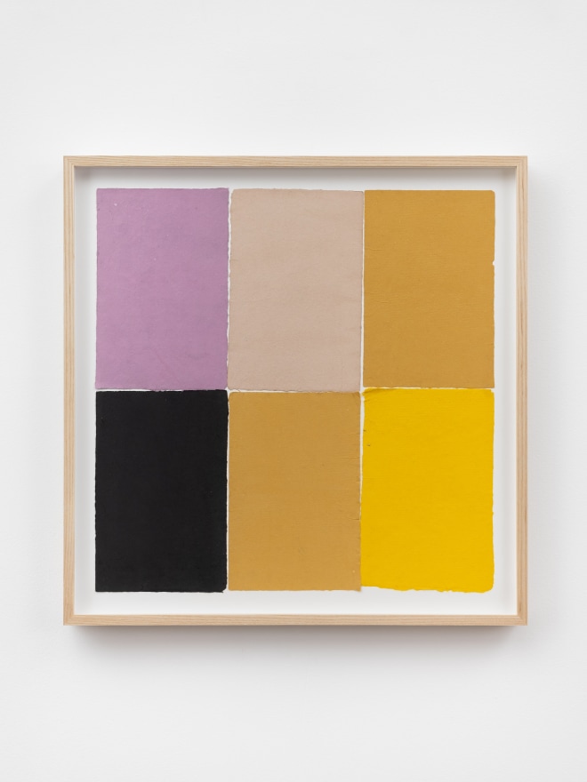 Ethan Cook, Fuchsia, black, tan, two ochre, yellow, 2020. Handmade pigmented paper 19 3/4 x 19 1/2 in, 50.2 x 49.5 cm (ECO20.047)