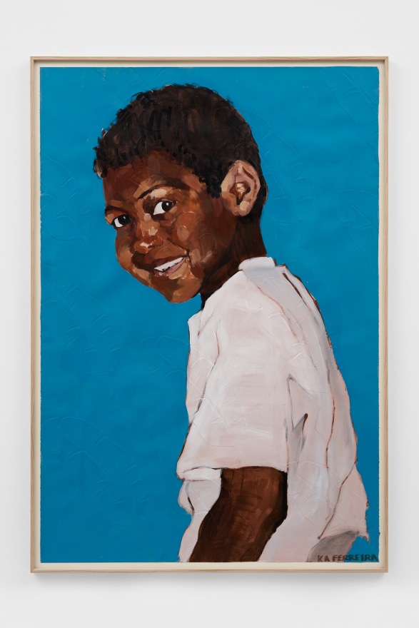 Kareem-Anthony Ferreira Portrait of Kyle (blue background), 2021 Acrylic and mixed media on paper 44 x 30 in 111.8 x 76.2 cm 45 1/4 x 31 3/4 inches (framed) 115 x 80.5 cms (framed) (KFE21.016)
