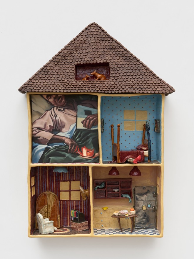 Stephanie Temma Hier This must be the place, 2023 Oil on linen with glazed stoneware sculpture 38 1/2 x 26 1/2 x 7 in 97.8 x 67.3 x 17.8 cm (SHI23.007)