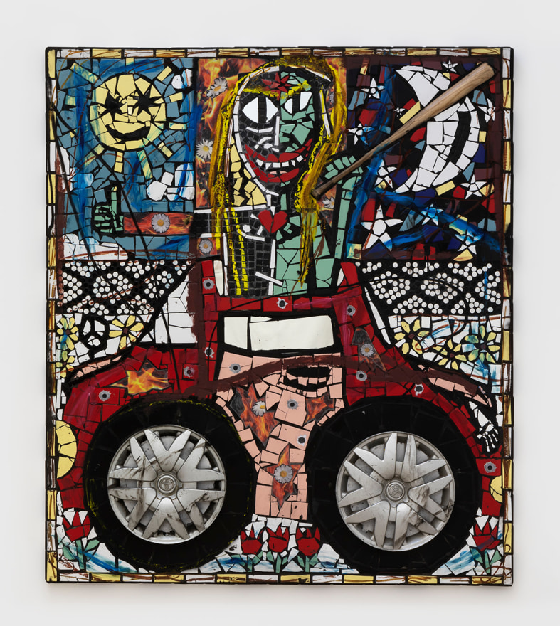 Cameron Welch, Joy Ride, 2019, Oil, acrylic, spray, collage, found objects, and ceramic on panel 78 x 68 in (198.1 x 172.7 cm), CWE19.004