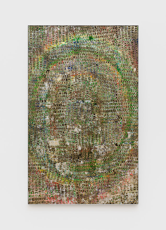 Mindy Shapero, Scar of midnight portal, crystallized to green and black and silver and gold outlines, 2020. Acrylic, spray paint, gold and silver leaf on paper, framed, 58 1/4 x 35 7/8 in, 148 x 91.1 cm (MS20.006)