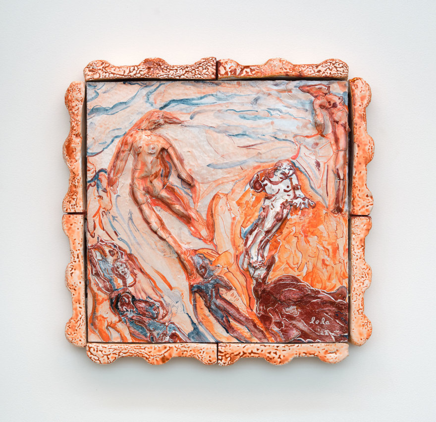 Lola Montes Prometheus, 2022 Hand-painted terracotta relief, mounted on aluminum backing 18 1/2 x 18 1/2 x 3 in 47 x 47 x 7.6 cm (LMO22.039)