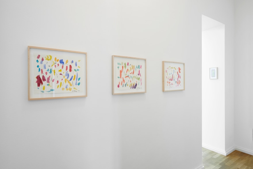 Installation View of 4 Multicolored Untitled Drawings from Butzer's Salon Nino Mier Exhibition (2018) highlighting a drawing of Primary Colors