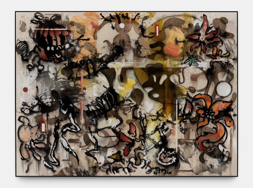 Jan-Ole Schiemann Amber sound of trap trappiste, 2021 Ink, acrylic, charcoal and oil pastel color on canvas 137 4/5 x 102 18/50 inches 350 x 260 cms (JS21.042)