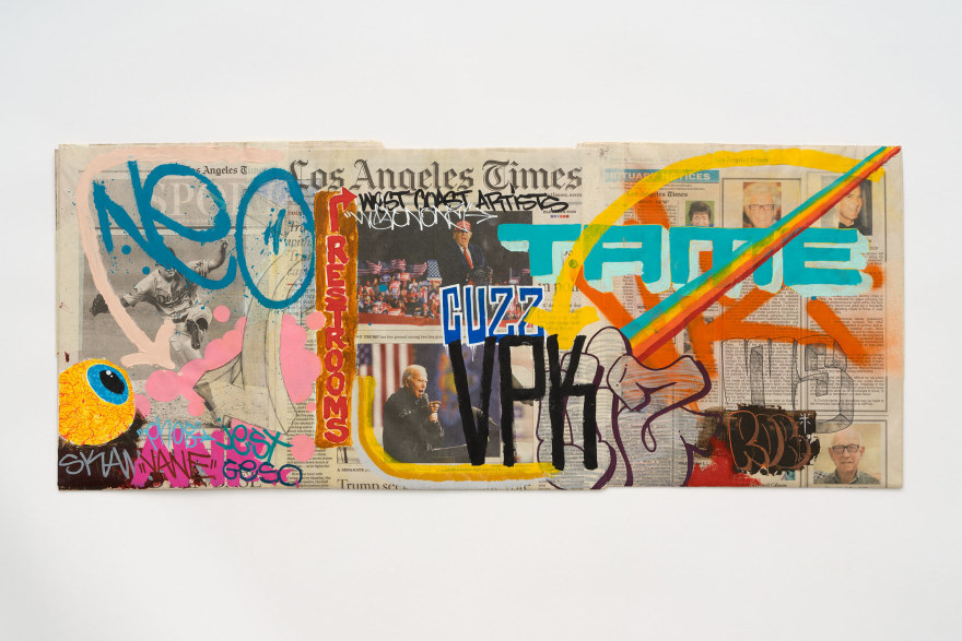 Jayme Burtis Untitled, 2020 Acrylic, spray paint, pencil, pen, and masking tape on newspaper 14 x 31 x 1 1/2 in (framed) 35.6 x 78.7 x 3.8 cm (framed) (JBU22.007)