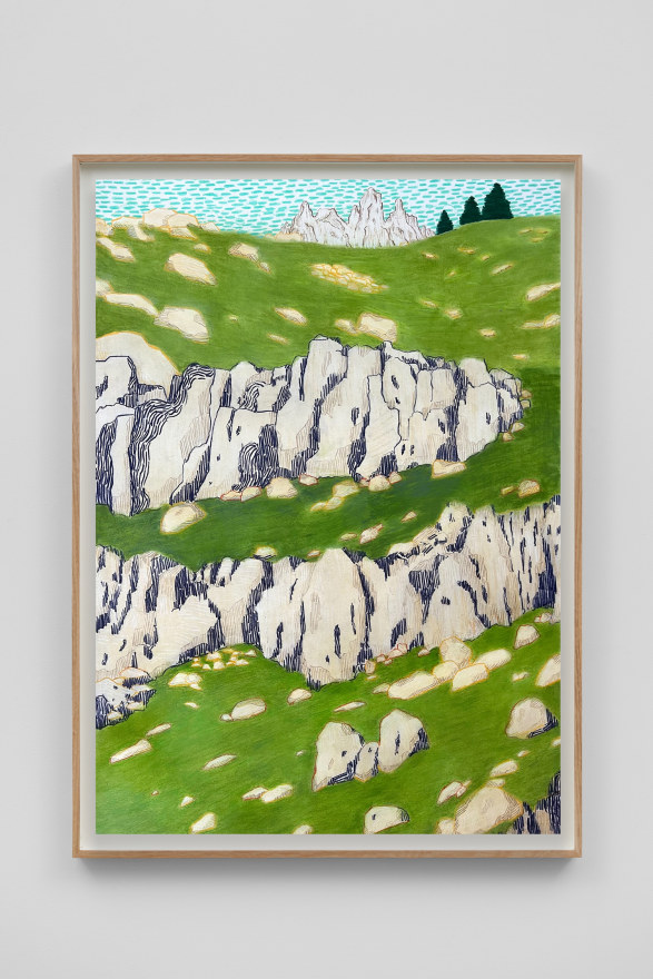 Per Adolfsen Cliff formation in the Alps, 2024 Signed, titled, and dated on verso Colored pencil and graphite on Hahnemühle paper 35 1/8 x 25 5/8 in (framed) 89.2 x 65 cm (framed) (PAD24.065)