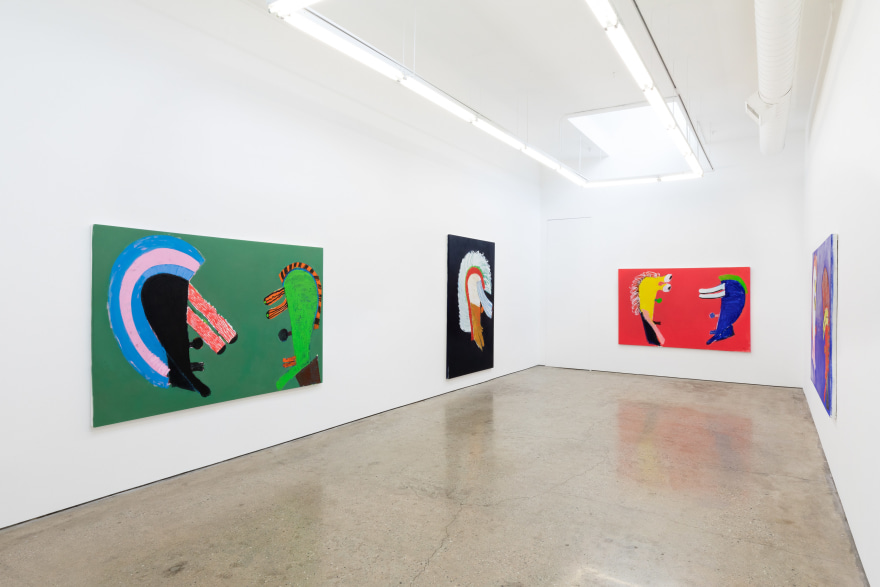 Installation View of &quot;Black Elk Speaks&quot; of a Green, Black, and Red painting by Wulff