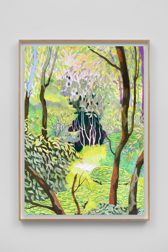 Per Adolfsen Blanket in a forest, 2024 Signed, titled, and dated on verso Colored pencil on Hahnemühle pap 35 1/8 x 25 5/8 in (framed) 89.2 x 65 cm (framed) (PAD24.067)