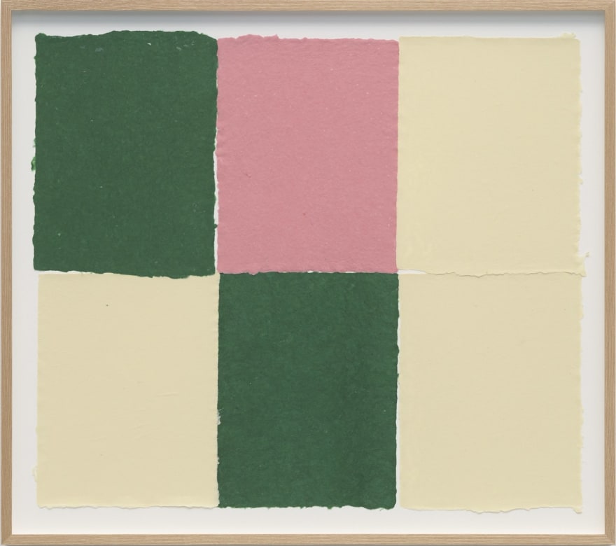 Ethan Cook Two greens, one pink, three alabasters, 2022 Handmade pigmented paper 24 3/4 x 28 in (framed) 62.9 x 71.1 cm (framed) (ECO22.034)