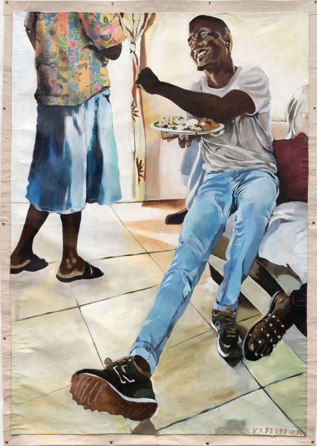 Kareem-Anthony Ferreira Catch a bounce Aunty Pam, 2022 Acrylic and mixed media on canvas 98 1/2 x 70 1/4 in 250.2 x 178.4 cm (KFE22.022)