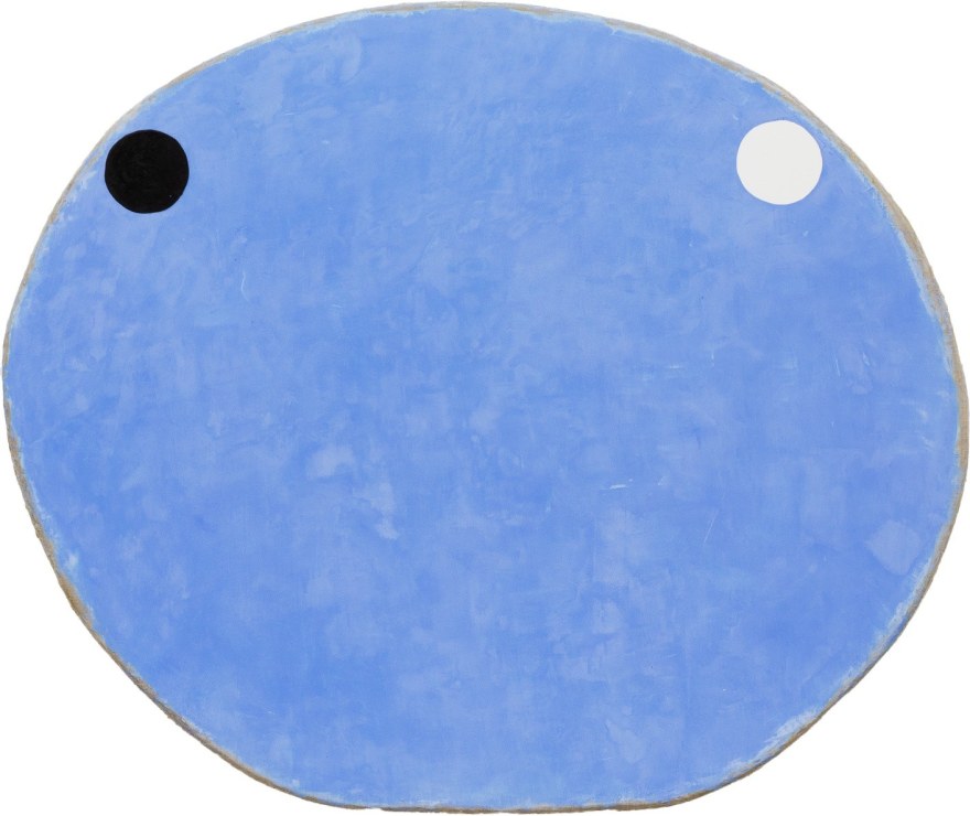 Otis Jones Large Blue with One White and One Black Circle, 2021 Acrylic on linen on wood 49 x 58 x 5 in 124.5 x 147.3 x 12.7 cm (OJO21.003)