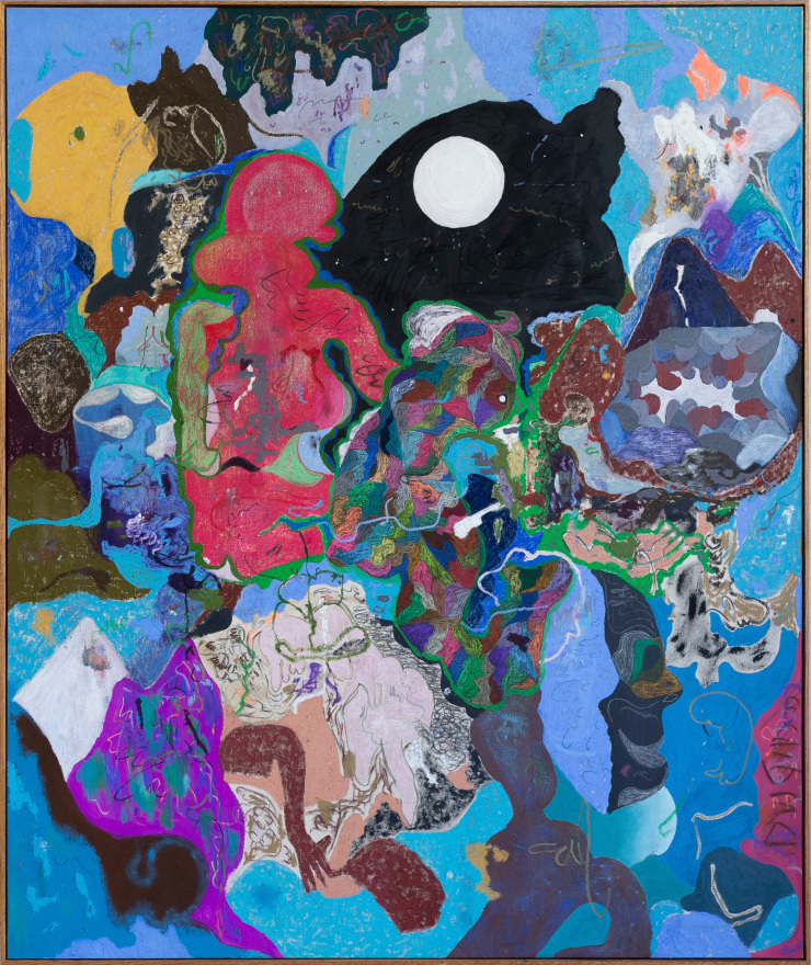 Michael Bauer Blue Cave and Moon, 2019 Oil, crayon, pastel and acrylic on canvas 73 x 61 in 185.4 x 154.9 cm (MB19.005)