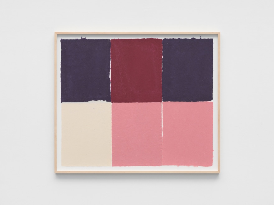 Ethan Cook Purples, red, pinks, off-white, 2022 Handmade pigmented paper 30 1/4 x 30 1/2 in - framed 76.8 x 77.5 cm - framed (ECO22.040)