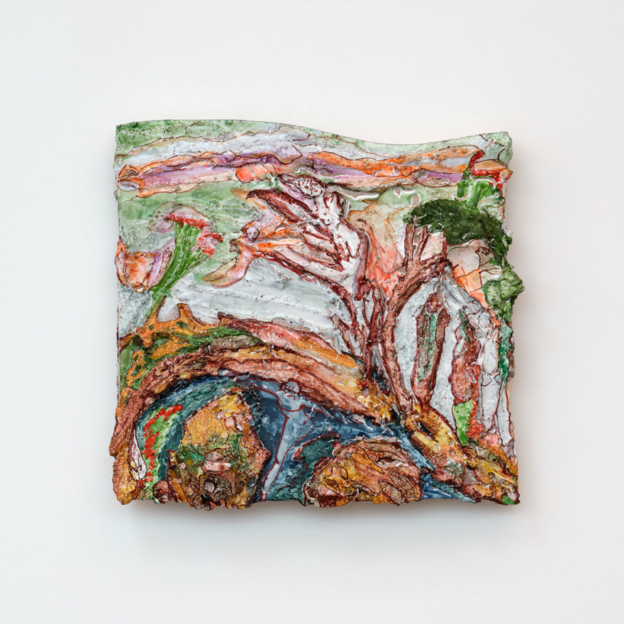 Lola Montes La Terra trema, 2022 Hand painted terracotta relief, mounted on aluminum backing 15 1/2 x 16 1/2 x 3 1/2 in 39.4 x 41.9 x 8.9 cm (LMO22.041)