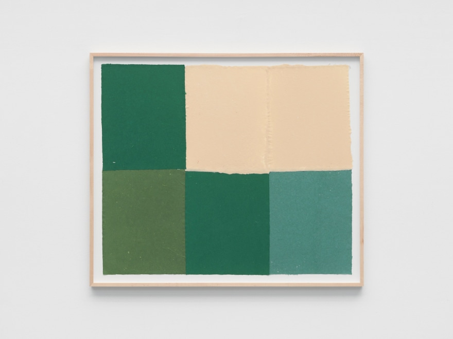 Ethan Cook Four greens, two alabasters, 2022 Handmade pigmented paper 30 1/4 x 30 1/2 in - framed 76.8 x 77.5 cm - framed (ECO22.042)