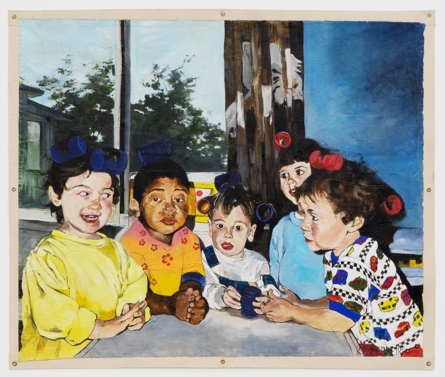Kareem-Anthony Ferreira, Kids with Hair Curlers, 2019. Oil, mixed media, canvas, 62 1/2 x 75 1/4 in, 158.8 x 191.1 cm (KFE20.002)
