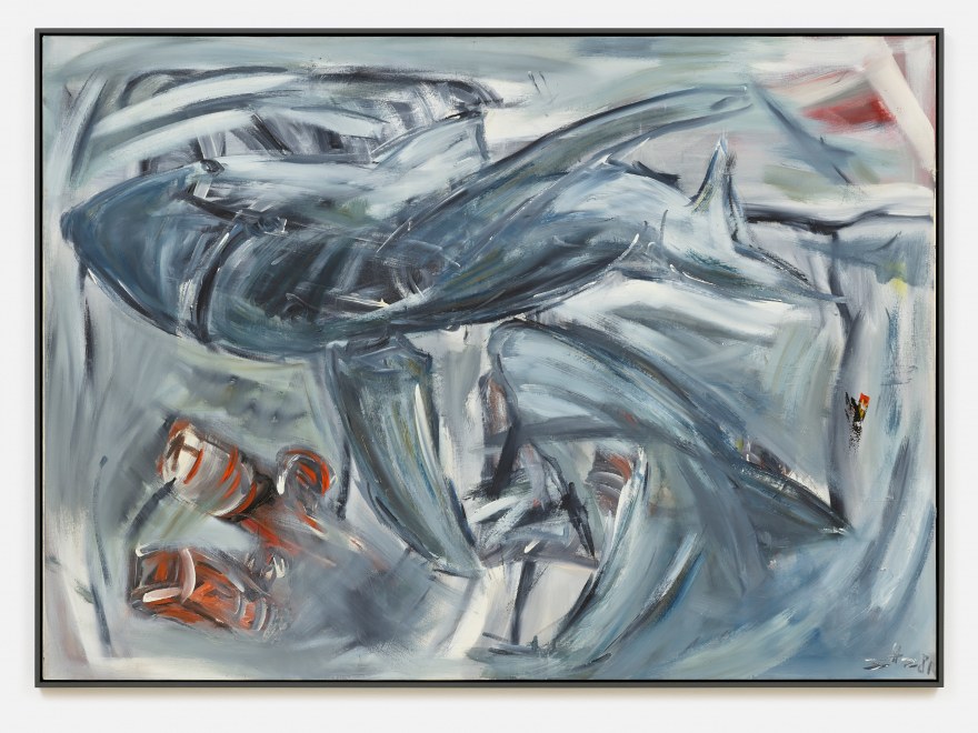Werner Büttner, Haie (Der Schlüssel zum Erfolg sind die Erwartungen der Menschen), 1981, Oil on canvas, 51 1/8 x 70 7/8 in, 130 x 180 cm, 52 1/8 x 71 3/4 x 2 in framed, 132.2 x 182.3 x 5 cm framed, WB81.002