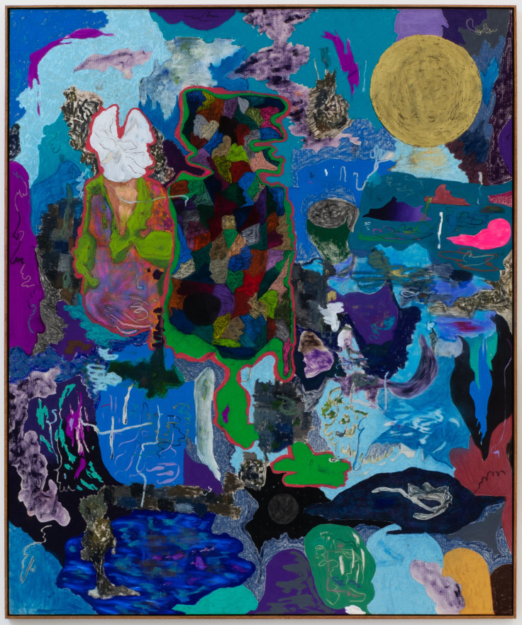 Michael Bauer, Twin Brother, Goldmoon &amp; Lake, 2020. Oil, crayon, pastel and acrylic on canvas, 60 1/2 x 73 in, 153.7 x 185.4 cm (MBA20.006)