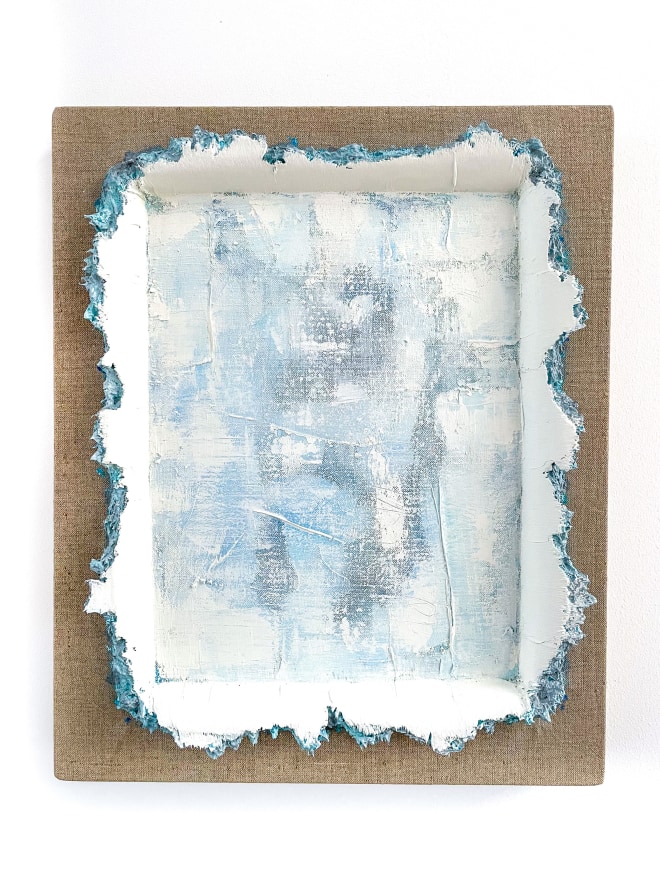 Andrew Dadson Turquoise Light Grey White Restretch, 2020 Oil and acrylic on linen 17 x 14 x 3 1/4 in 43.2 x 35.6 x 8.3 cm (ADA20.003)