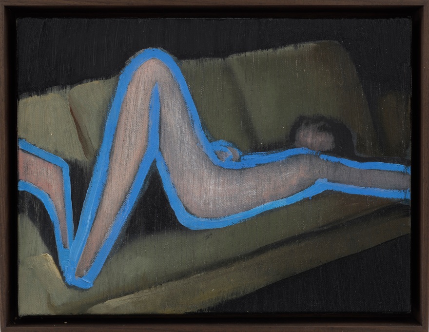 Jonathan Wateridge Figure on Couch (Blue Lines), 2023 Oil on canvas 10 x 13 in (framed) 25.4 x 33 cm (framed) (JWA23.054)