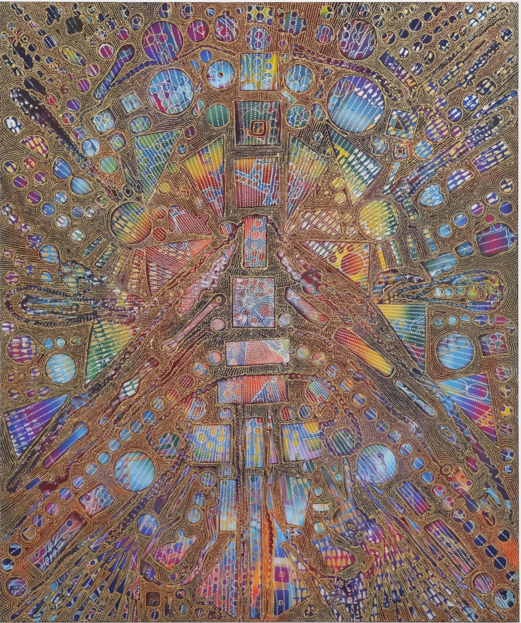 Mindy Shapero Portal Scar, the rainbow memory web, 2024 Acrylic, gold and silver leaf on linen 60 x 72 in 152.4 x 182.9 cm (MS24.008)