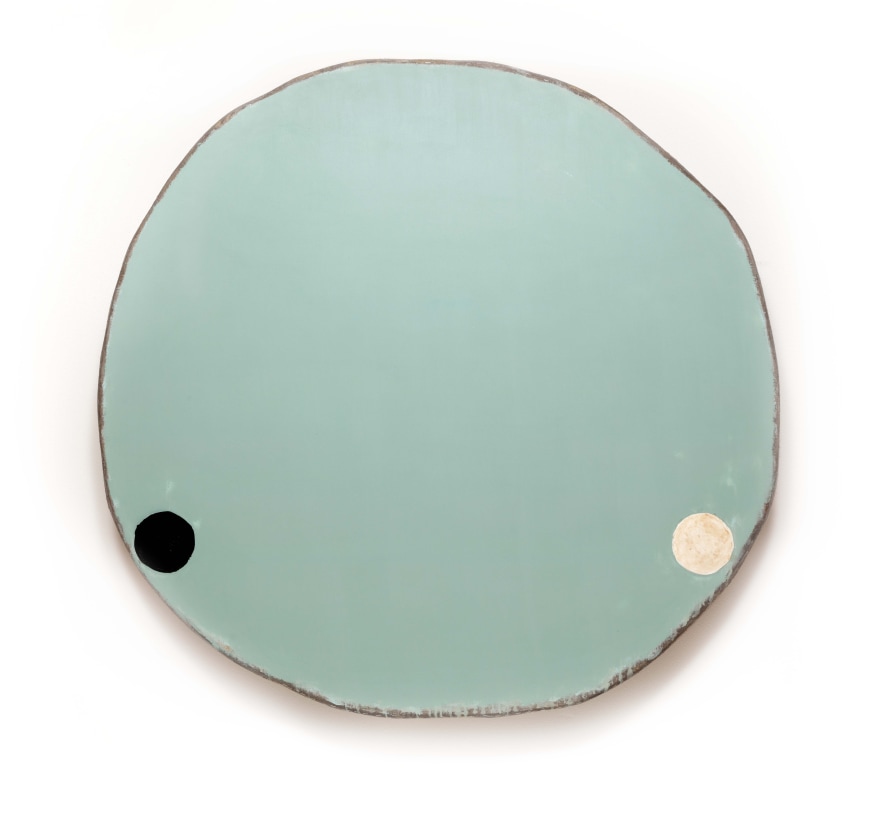 Otis Jones Aqua Green With Two circles, One Black, One Dirty, 2021 Acrylic on linen on wood 55 x 54 1/2 x 5 in 139.7 x 138.4 x 12.7 cm (OJO21.013)