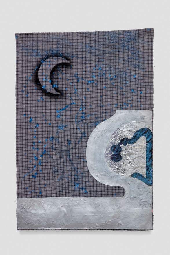 Nel Aerts Starry Nothings, 2021 Acrylic, glitter, paper, aluminum tape, spray paint, oil sticks, varnish on textile 40 1/8 x 27 1/2 in 102 x 70 cm (NAE21.041)