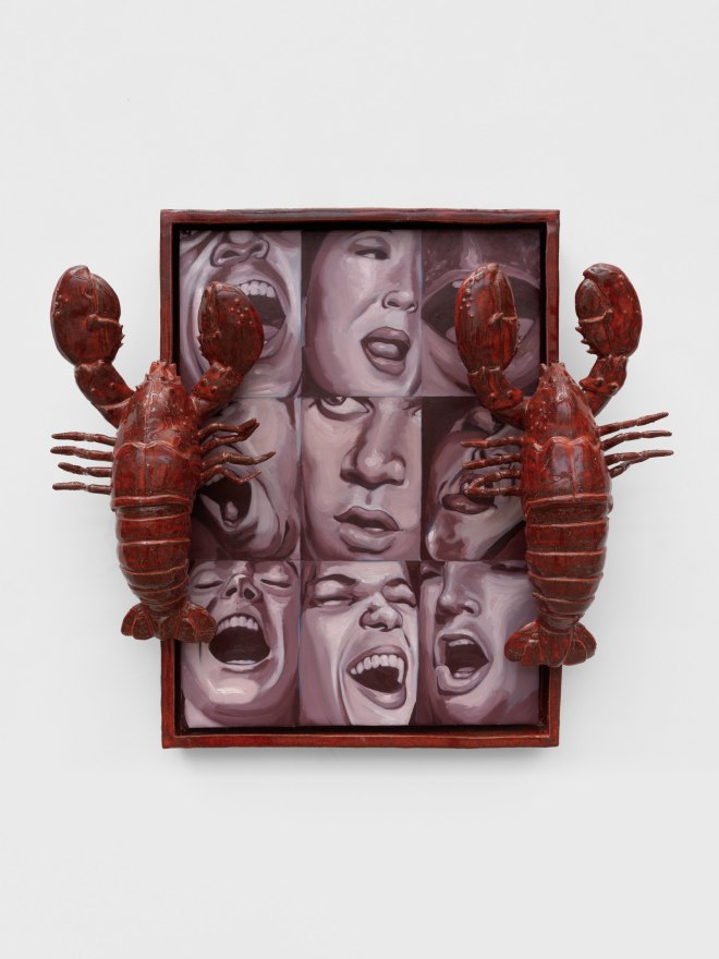 Stephanie Temma Hier Watching the whites of your eyes turn red (O-face or Award show face?), 2023 Oil on linen with glazed earthenware sculpture 26 1/2 x 29 x 6 1/2 in 67.3 x 73.7 x 16.5 cm (SHI23.005)