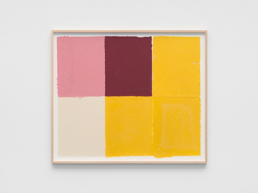 Ethan Cook Three yellows, pink, red, alabaster, 2022 Handmade pigmented paper 30 1/4 x 30 1/2 in - framed 76.8 x 77.5 cm - framed (ECO22.043)