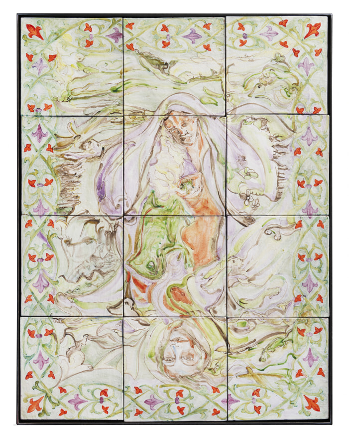 Lola Montes Amphibian, 2022 Suite of 12 ceramic hand-painted terracotta tiles, steel table 30 1/4 x 63 1/2 x 48 in  76.8 x 161.3 x 121.9 cm (LMO22.046)