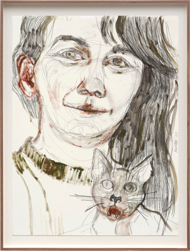 Bernadette Despujols, &Aacute;ngela y uno de sus gatos, 2023, Oil and charcoal on paper 24 x 18 in (unframed), 61 x 45.7 cm (unframed), (BDE23.009)