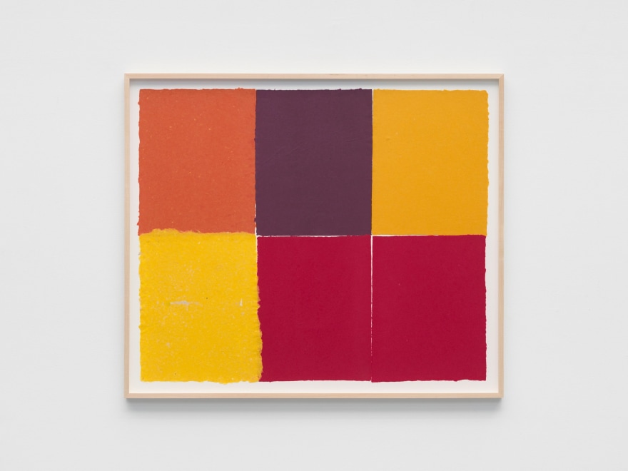 Ethan Cook Orange, Purple, two Yellow, two Red, 2022 Handmade pigmented paper 30 1/4 x 30 1/2 in - framed 76.8 x 77.5 cm - framed (ECO22.041)