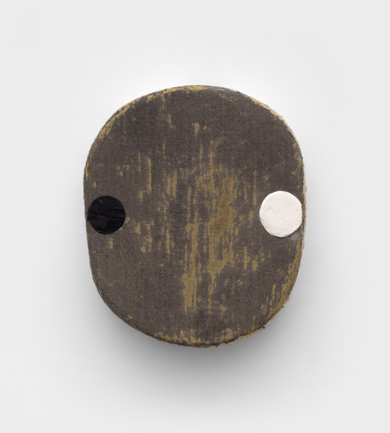 Otis Jones Shape With Black Circle and White Circle, 2025 Signed, titled, and dated on verso Acrylic on linen on wood 14 1/2 x 12 1/4 x 3 in 36.8 x 31.1 x 7.6 cm (OJO25.009)