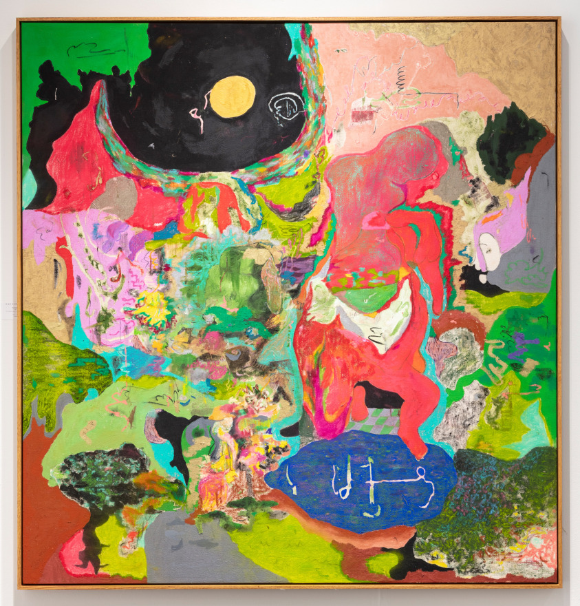 Michael Bauer, Cave and Moon (unpopular), 2018. Oil, crayon, pastel, and acrylic on canvas, 64 x 60 in, 162.6 x 152.4 cm (MB18.011)
