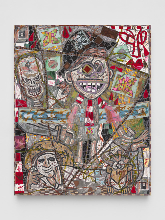 Cameron Welch Drunk Skipper, 2022 Marble, Glass, Ceramic, Stone, Spray Enamel, Oil, and Acrylic on Panel 60 x 48 in 152.4 x 121.9 cm (CWE22.002)