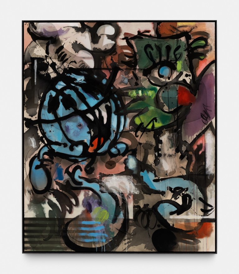 Jan-Ole Schiemann F&uuml;ttern und gef&uuml;ttert werden, 2021 Ink, acrylic, charcoal and oil pastel color on canvas 59 3/50 x 49 21/100 inches 150 x 125 cms (JS21.039)