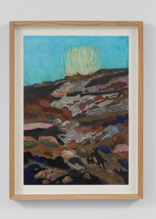 Per Adolfsen  Volcanic landscape at dusk, 2023  Colored pencil, chalk and graphite on Hahnem&uuml;hle paper  19 3/4 x 14 3/4 in (framed)  50 x 37.5 cm  (PAD24.021)