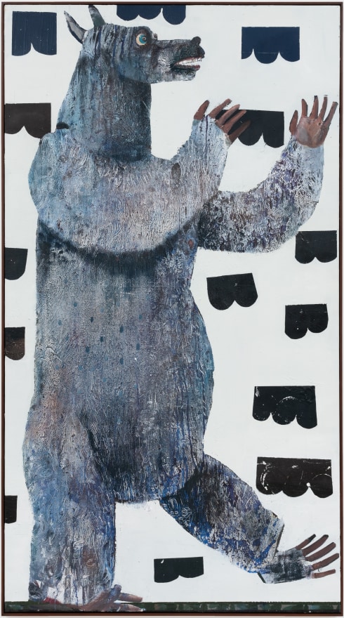 Pieter Jennes Can a hungry bear dance, 2019 Oil on canvas 75 3/4 x 42 1/4 x 1 3/4 in - framed 92.4 x 107.3 x 4.4 cm - framed&nbsp; (PJE22.022)