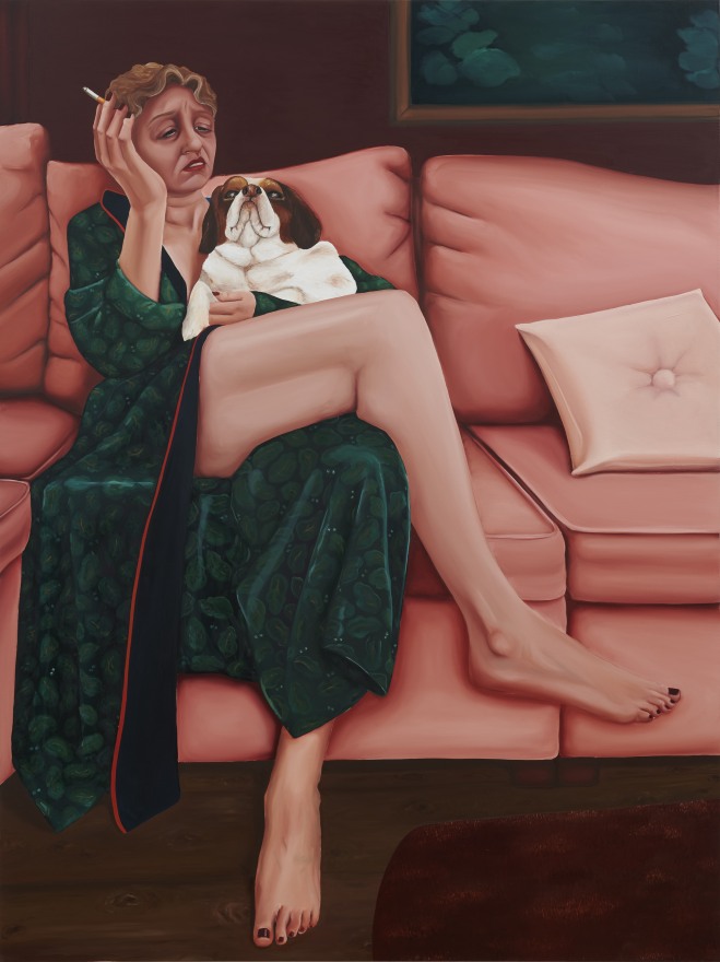 Madeleine Pfull, Lady with Dog 2, 2019. Oil on linen, 72 x 54 in, 182.9 x 137.2 cm (MP19.010