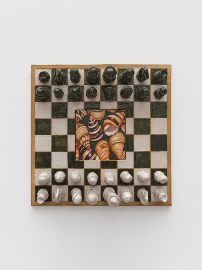 Stephanie Temma Hier The Moving Finger (for Alekhine), 2022 Oil on linen with glazed stoneware sculpture 16 1/2 x 16 1/2 x 6 in 41.9 x 41.9 x 15.2 cm (SHI22.002)