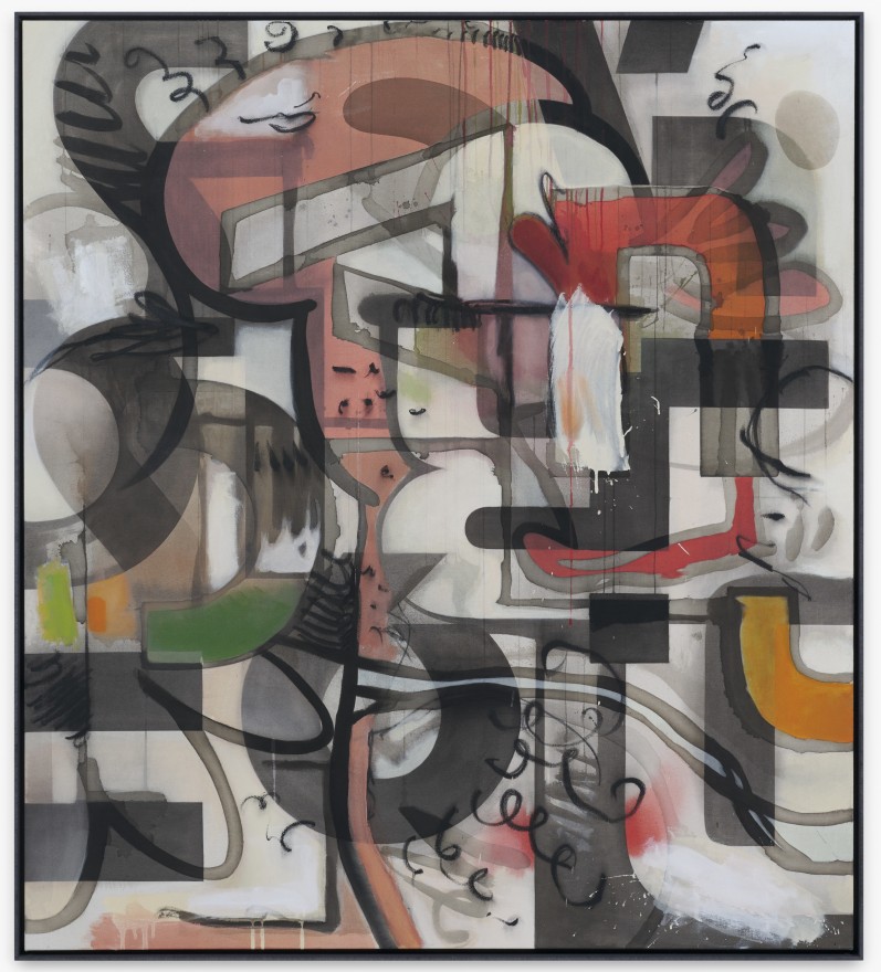 Jan-Ole Schiemann, lean back and transform, 2020. Ink, acrylic, oil pastel, and charcoal on canvas, 55 1/8 x 49 1/4 in, 140 x 125 cm (JS20.017)