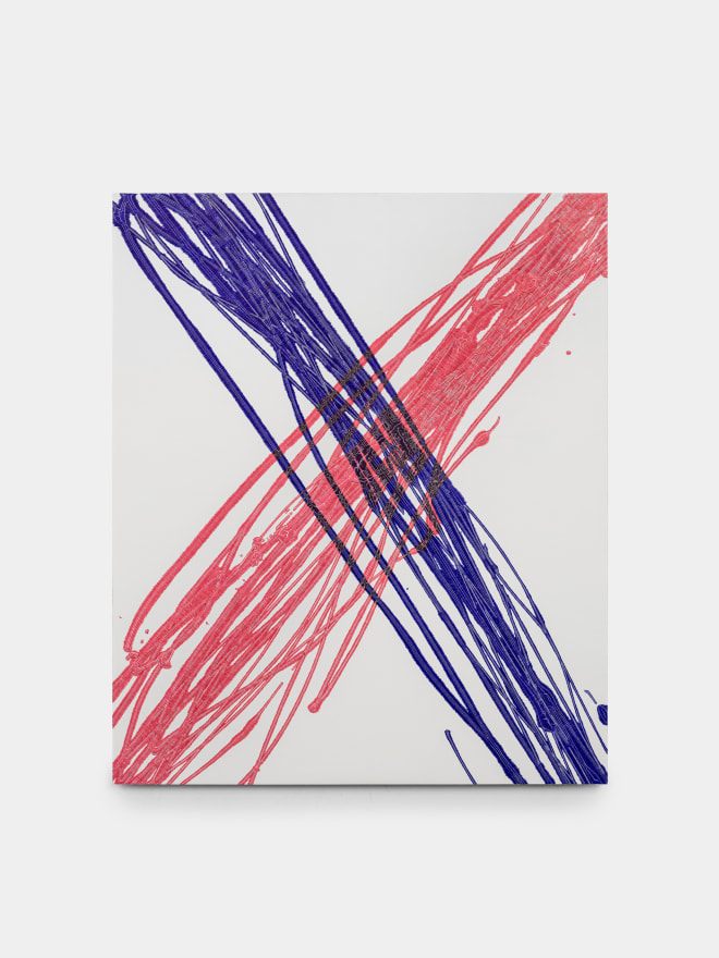 Elise Nguyen Quoc eX-siste, 2024 Ballpoint pen and acrylic on wood panel 55 7/8 x 48 x 2 in 141.9 x 121.9 x 5.1 cm (ENG25.001)