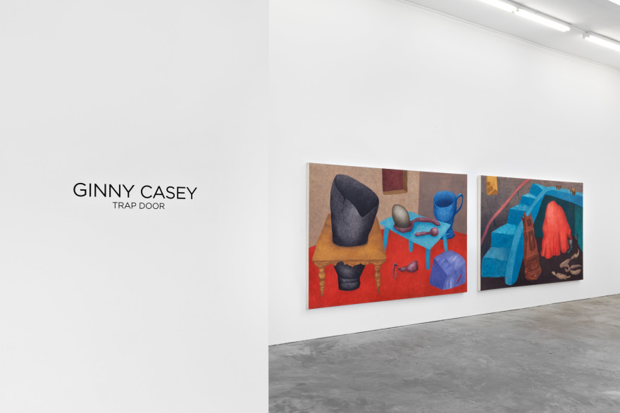 Installation View of &quot;Trap Door&quot;, Title of Name and Exhibition painted on the wall, next to 2 Casey works